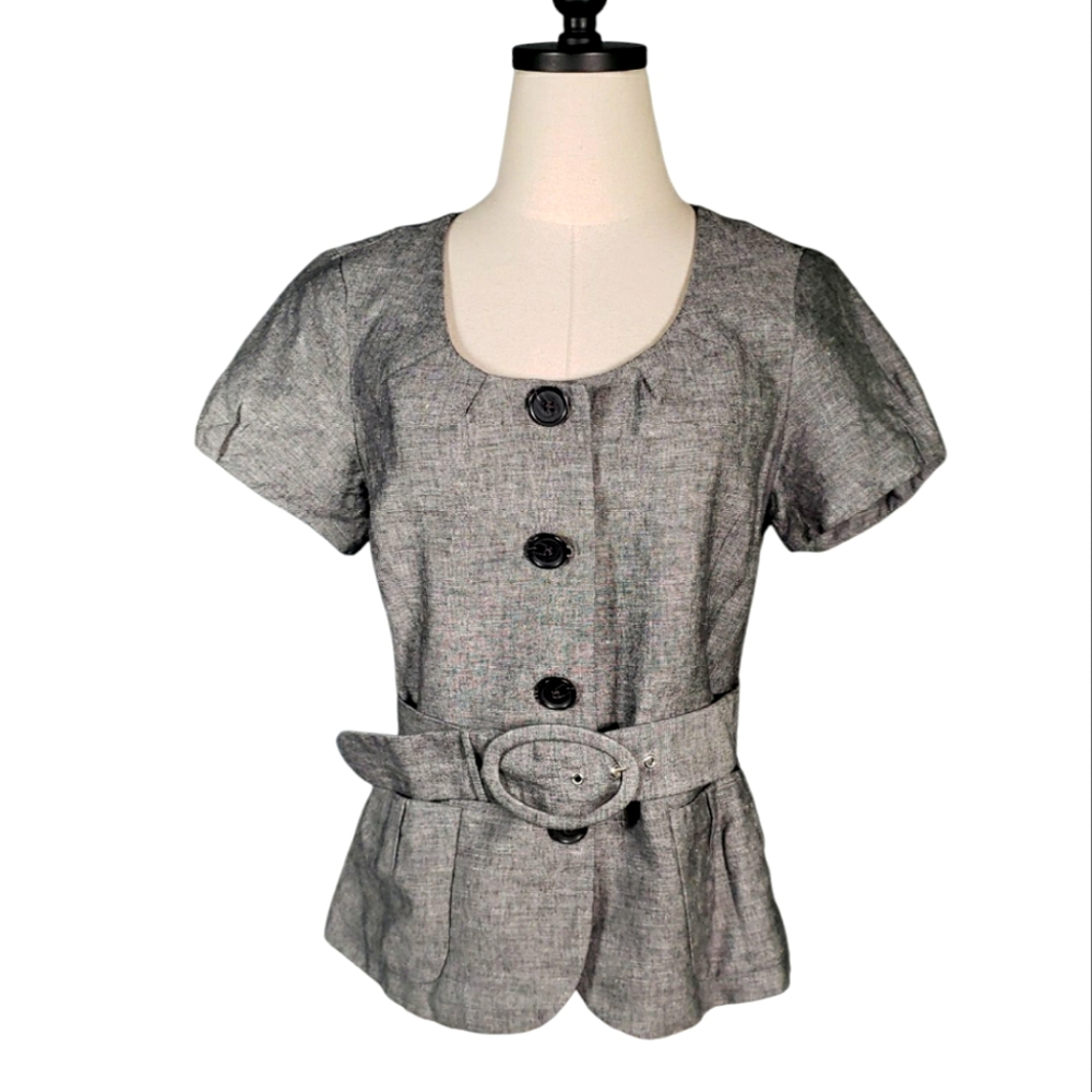 Linen Blend Cropped Fitted Pleats Belt Pockets Short Puff Sleeves Careern Office